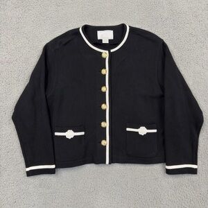 St. John Sport Marie Gray Women Petite Black Blazer Gold Button Jacket Stretch